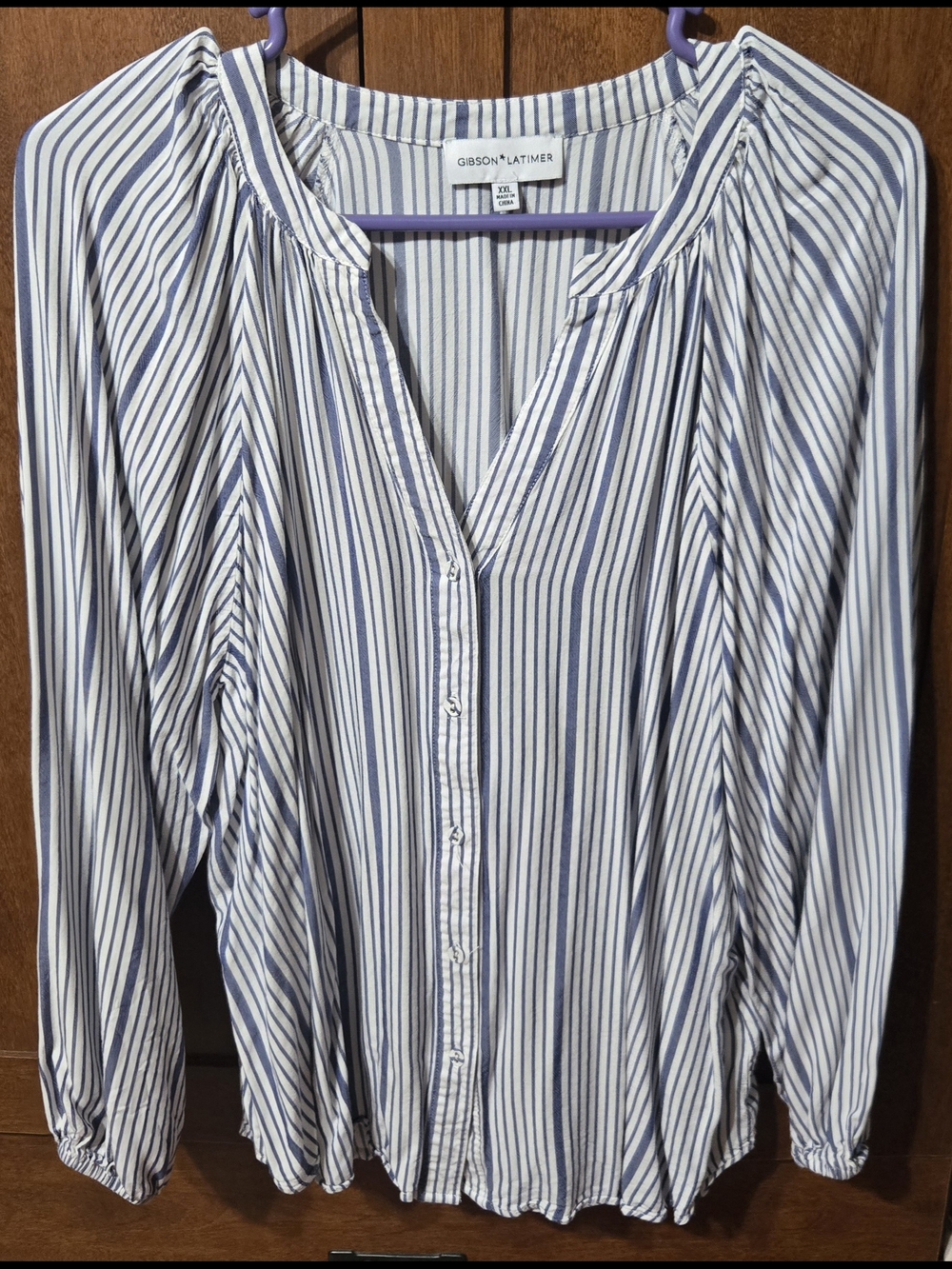 Gibson Latimer Navy and White Vertical-Strip Button Down Blouse